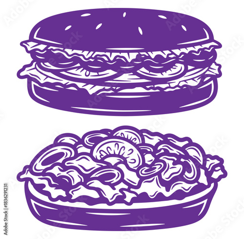 Artistic illustration of a delicious hamburger disassembled with its fresh ingredients isolated