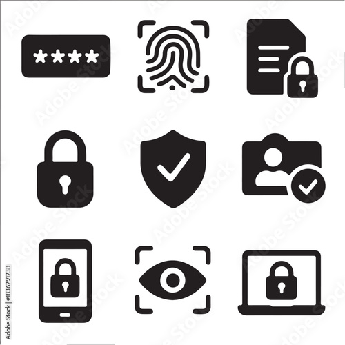 Cybersecurity & Data Protection Icons – Password, Lock, Shield Set
