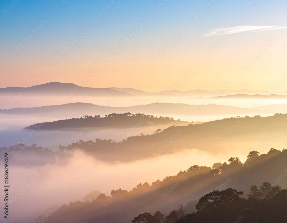 Obraz premium Warm Golden Sunrise Over Layered Misty Hills Creating a Peaceful Atmospheric Landscape