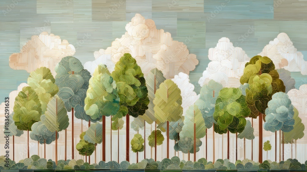 Obraz premium A vibrant, abstract landscape painting of a forest with a mix of green and brown trees, set against a cloudy sky with white clouds and a few scattered clouds. 