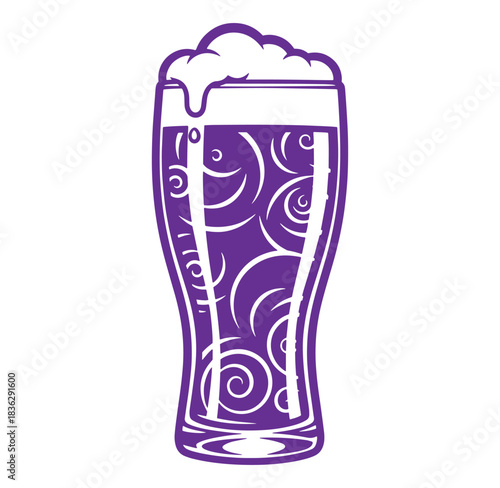 Artistic vector illustration of a full glass of beer with swirling details and foam
