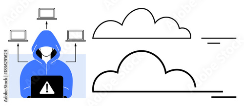 Cybersecurity concept. Cybersecurity threats illustrated with a hacker accessing cloud computing systems. Cybersecurity vital for data protection and secure network management. For tech, security
