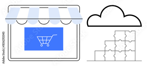 E-commerce concept digital storefront with shopping cart icon, cloud integration, and puzzle pieces. E-commerce highlights digital infrastructure, online shopping, and cloud solutions. Perfect