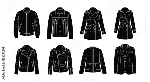 A collection of various jacket and coat designs in black and white
