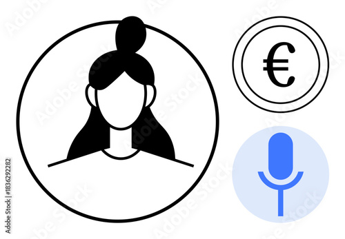 Digital identity, financial transactions, virtual communication, voice recognition, online economy, personal branding. Female avatar with euro symbol and microphone. Digital identity and financial