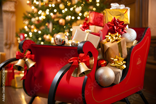 Red sleigh filled with christmas gifts near glowing tree