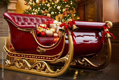 Santa's sleigh filled with christmas gifts and ornaments