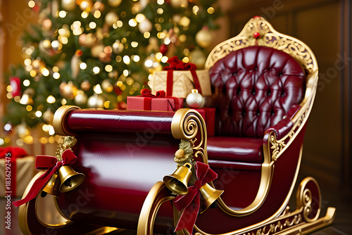 Santa's empty sleigh filling with christmas gifts