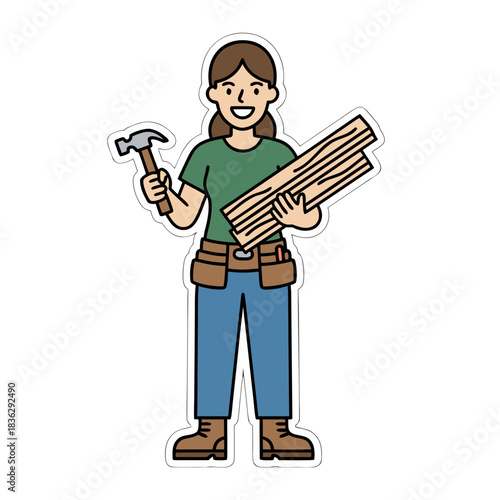 Woman Carpenter Holding Hammer and Stacked Wood Planks Wearing Tool Belt Green TShirt Blue Jeans and Brown Work Boots Profession Building Construction DIY Hobbyist