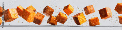 Floating seasoned tofu cubes against a white background in a studio setting