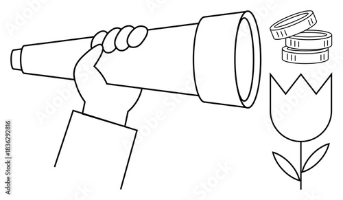 Investment strategy, financial growth, economic vision, future planning, market trends, sustainable finance. A hand holds a telescope aimed at a tulip and coins. Financial growth and economic vision