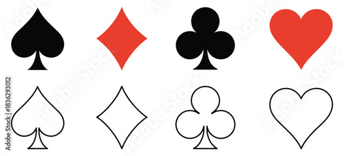 Playing card suits set. casino symbols including hearts, spades, diamonds, and clubs, designed as vector illustrations