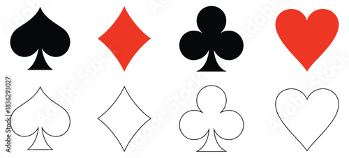 Playing card suits set. casino symbols including hearts, spades, diamonds, and clubs, designed as vector illustrations
