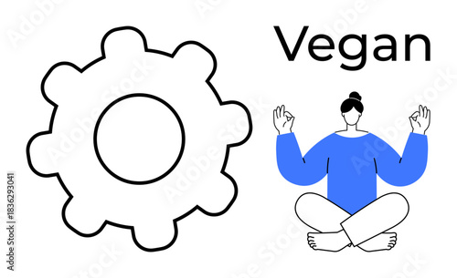 Health and wellness, vegan living, meditation, mindfulness, self-care, balance. A minimalist gear icon and a meditating individual in seated pose. Vegan living and mindfulness concepts