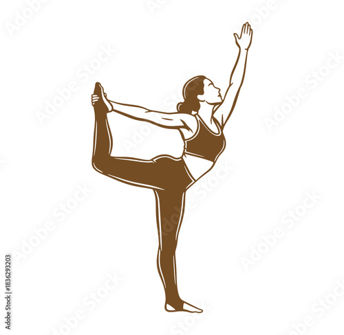 Brown line art illustration of a woman performing the natarajasana yoga pose