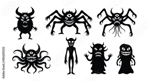 Silhouette depictions of various spooky monsters and creatures in black