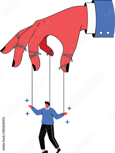 Illustration of a giant hand controlling a person like a puppet with strings, symbolizing manipulation, control, influence, and power dynamics in modern life.