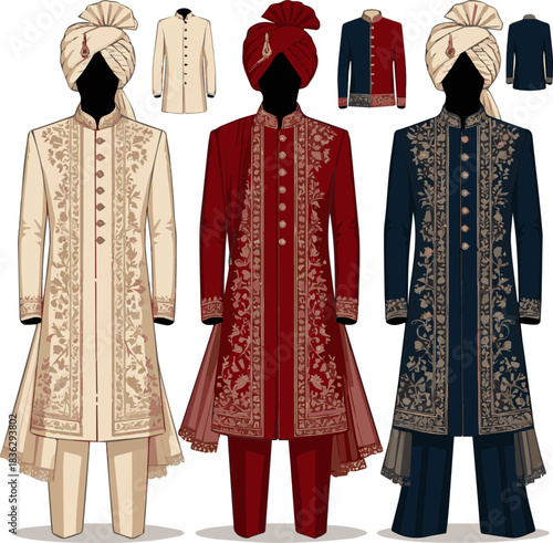 Create a various designs of wedding Sherwani vector art with a white background.