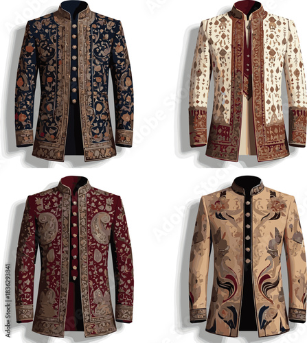 Create a various designs of wedding Sherwani vector art with a white background.