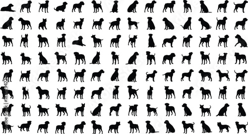 Massive collection of vector black dog silhouettes featuring various breeds and poses, isolated on white background, pet animal design element set