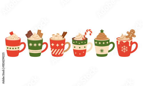 Red and green christmas mugs with festive patterns
 vector illustration, easily editable. 