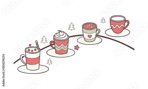 Christmas cocoa cups with candy cane and gingerbread vector illustration, easily editable. 