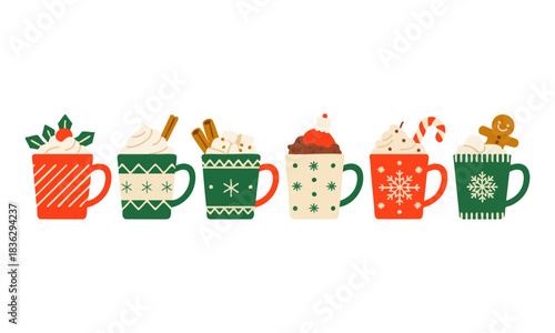 Festive cocoa mug set with holiday toppings vector illustration, easily editable. 