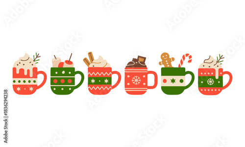 Winter holiday mug vector set with cocoa drinks
 vector illustration, easily editable. 