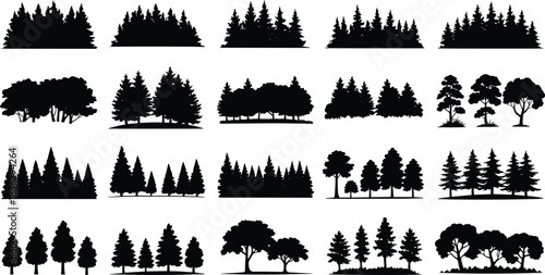 Massive set of tree silhouettes, forest horizons, black pine woods, nature landscape borders, coniferous and deciduous woodland elements for panoramic vector design background.