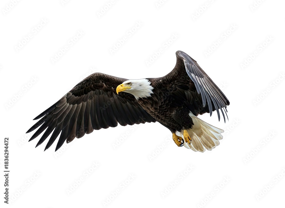 Naklejka premium Bald Eagle Soaring Against White Background