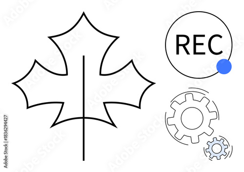 Technology, recording systems, nature , process automation, digital tools, and eco-friendly tech. Outline maple leaf, gears symbol and recording REC circle. Technology and recording systems concept