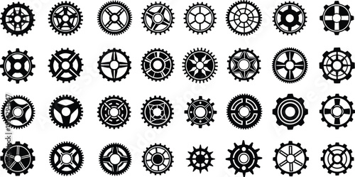 Mechanical gears and cogwheels vector icon set, industrial machine mechanism silhouette collection, black and white technical engineering graphic design element, motion system symbol isolated