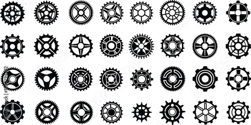 Mechanical gears and cogwheels vector icon set, industrial machine mechanism silhouette collection, black and white technical engineering graphic design element, motion system symbol isolated