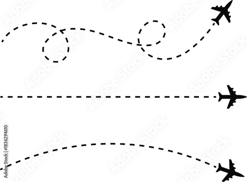 Black airplanes flying on dashed lines against white background flight travel