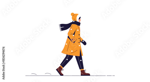 Stylized winter walk illustration with vibrant yellow coat against stark white backdrop