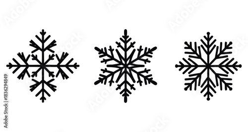 Simple Black and White Snowflake Shapes on White Background for Winter Holidays