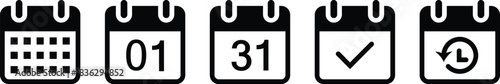 Five black calendar icons showing grid date number 01 number 31 checkmark and refresh symbol vector