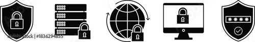 Five black security icons including shield lock server globe and computer vector