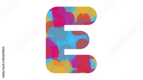 Vibrant letter E design filled with colorful abstract shapes