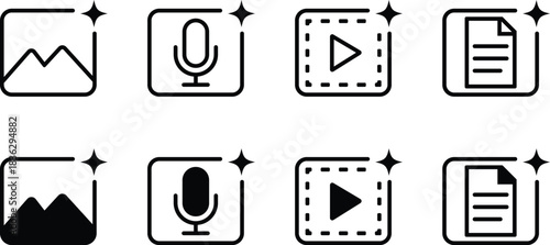 Four black and white icon sets with image microphone video document symbols picture landscape