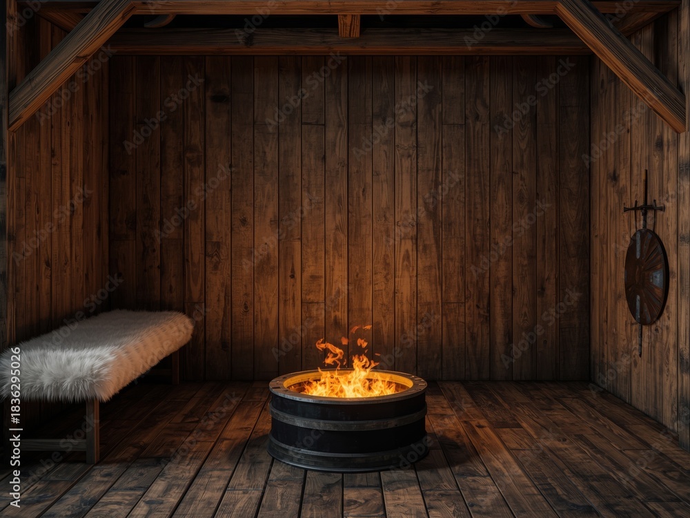 Obraz premium Viking longhouse interior with roaring fire and fur-covered bench