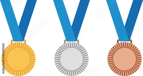 Gold Silver Bronze Medals with Blue Ribbons on White Background gold medal silver medal