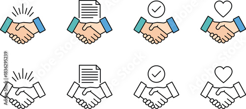 Two rows of handshake icons with contract checkmark and heart symbols agreement deal