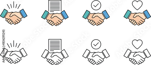 Two rows of handshake icons with contract checkmark and heart symbols agreement deal 1