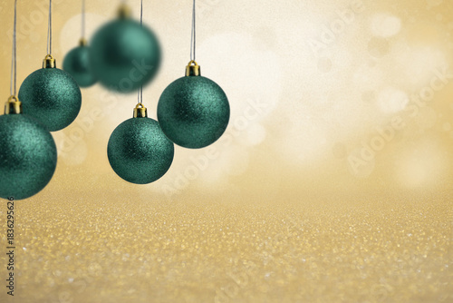Glittering Teal Christmas Ornaments Hanging on Golden Bokeh Background. Teal green glittering Christmas baubles suspended against a magical, sparkling gold background with shimmering bokeh.