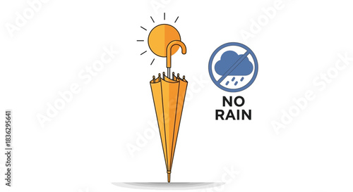 Illustration of an umbrella protecting against the sun with a 'no rain' symbol creating a sunny