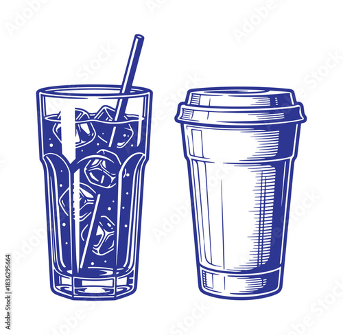 Hand drawn illustration of a glass of soda with ice and coffee to go cup