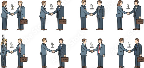 Business handshake illustration set showing professional agreements, partnerships, corporate deals, teamwork, collaboration, and office communication between colleagues and clients.
