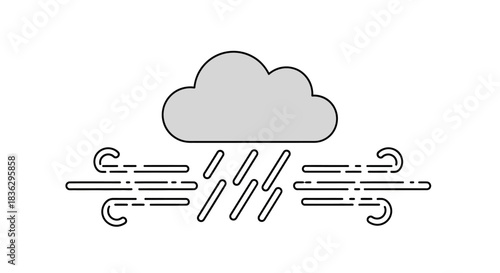 Stylized vector illustration of a rainy cloud accompanied by strong winds for weather forecasts