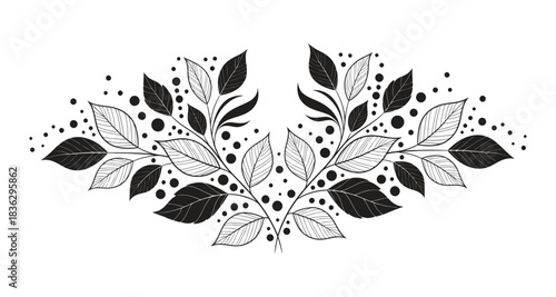 Elegant Black and White Botanical Border Graphic Element with Leaves and Berries